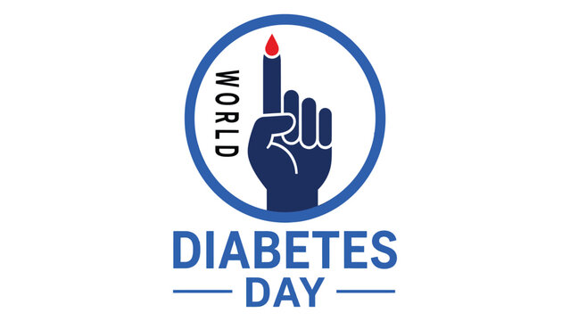 Hand with a pricked finger and a drop of blood is centered inside a circular frame to signify awareness for World Diabetes Day.