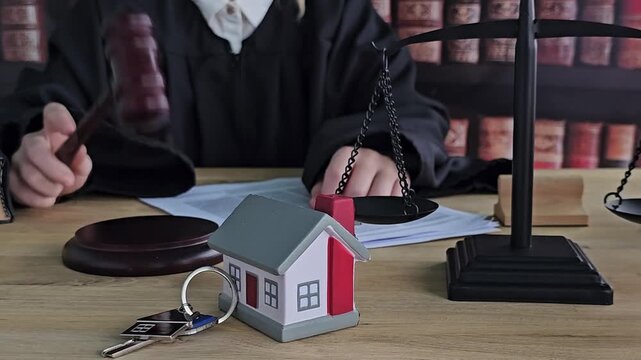 Judge holds keys and model house with law books in the background during a property dispute case in a courtroom setting