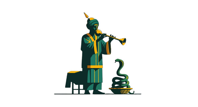 Illustrated flute player with snake in colorful attire.