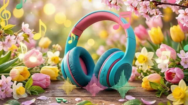 Blue wireless headphones on blooming pink tulips in sunny spring garden. Musical notes floating among cherry blossoms. Harmony of nature and music for relaxation and inspiration