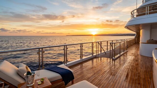 Tracking pan slow motion shot of yacht deck with lounge chairs and champagne as sun sets over ocean horizon, wooden teak deck reflecting warm evening light on sea