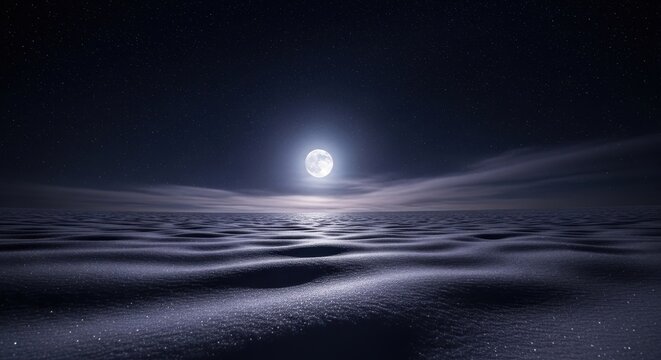 Full Moon Illuminating Snow Field at Night