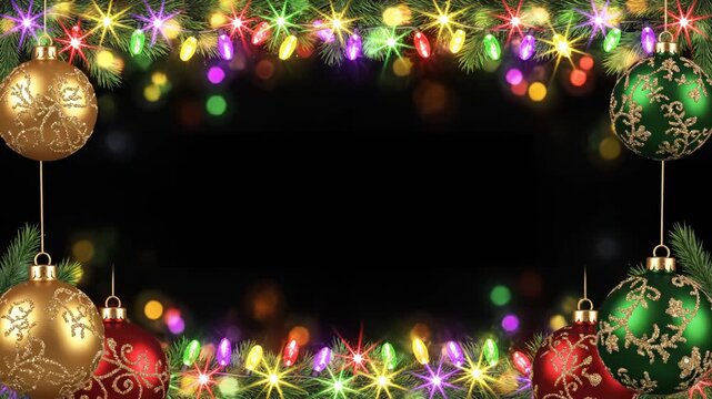 Christmas lights and ornaments on black background