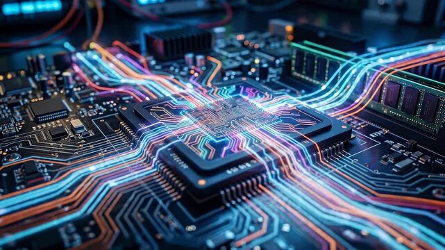 Tracking shot of microchip and circuit board with neon data streams flowing and pulsing across processor in futuristic electronics lab environment