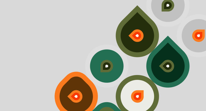 Abstract shapes, circles, teardrops. Warm colors dominate, with muted greens, oranges, browns. Minimalist design, simple composition.