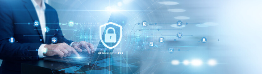 Security analyst working on laptop. Cybersecurity threat defense. Professional protecting digital...