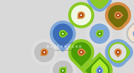 Fototapeta premium Abstract circles, squares, teardrops overlap. Colors include blue, green, brown, beige. Simple geometric shapes create modern background.