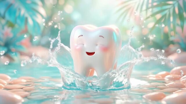 Cartoon tooth character smiling happily while splashing in clear water surrounded by tropical palm leaves and pink rocks. Dental freshness and oral hygiene concept for health promotion illustration