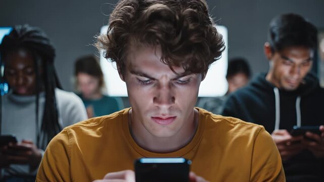 Young man focused on smartphone with others in background