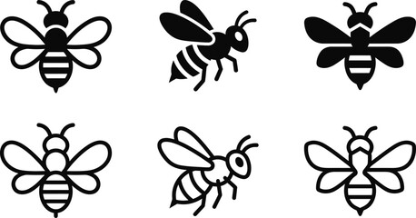 bee icon collection with bold black vector silhouettes in honeycomb style layout © Sumaya