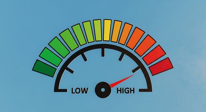 Stress meter gauge with red needle in high zone on blue background