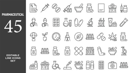 Pharmaceutical line editable icon set. Contain icons related to medial and pharmacy. Editable stroke. Vector illustration  © Minara