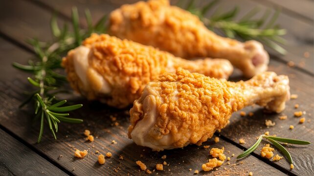 Three crispy fried chicken drumstick on rustic wood table with rosemary