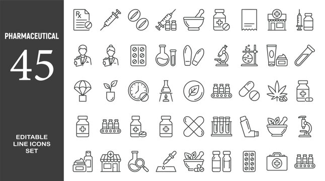 Pharmaceutical line editable icon set. Contain icons related to medial and pharmacy. Editable stroke. Vector illustration	