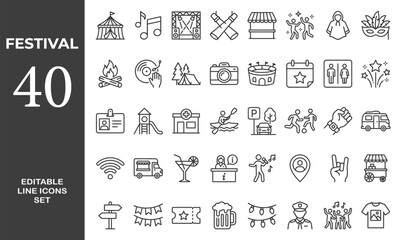 Festival line editable icon set. featuring icons of various music, parade, fireworks, lighting, celebration symbols, and more. Editable stroke. Vector illustration  © Minara
