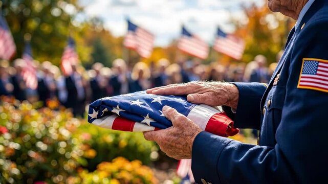 Elderly veteran holding folded American flag at outdoor memorial. Patriotic tribute in autumn park setting for remembrance day