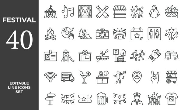 Festival line editable icon set. featuring icons of various music, parade, fireworks, lighting, celebration symbols, and more. Editable stroke. Vector illustration	
