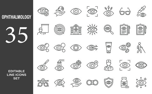 Ophthalmology line editable icon set. Contain icons related to medical eye care, optometry, vision correction, and more. Editable stroke. Vector illustration