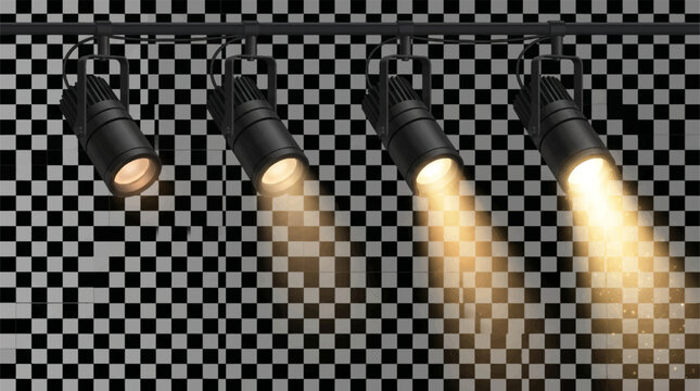 Stage lighting fixtures with illuminated beams on a transparent background a studio setup for performances spotlights lights
