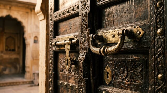 Ornate door handle heritage haveli india wood metal antique architecture vintage old traditional carving lock entrance historic design pattern