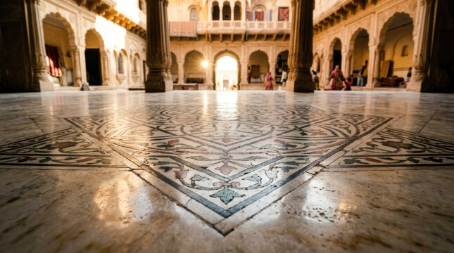 Heritage haveli india architecture courtyard marble floor sunlight arches columns traditional historic building pattern design ancient culture