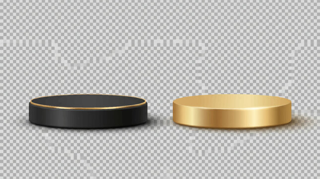Black and gold cylindrical pedestals with metallic trim on a transparent background showcasing product display pedestal sheen