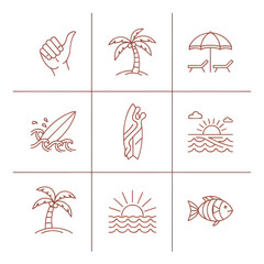 Tropical Beach Icons: Surfboard, Palm Tree, Ocean Waves, Sun, Fish, Aloha Gesture © Aku