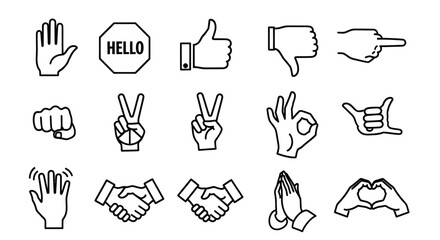 Various hand gestures and signs are displayed in a collection of illustrations. © uzumaki