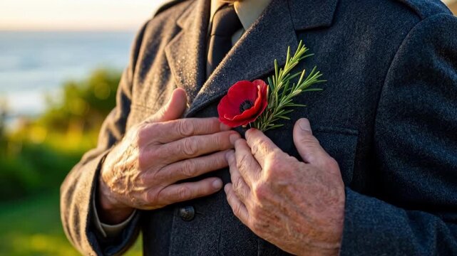 Elderly man pinning red poppy with rosemary on lapel. Remembrance day symbol for honoring veterans and fallen soldiers. Memorial tribute by seaside sunset honoring military service and peace