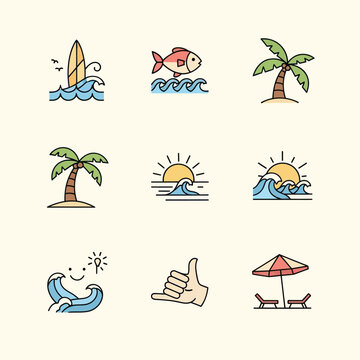Tropical Summer Icons: Surf, Fish, Palm Trees, Sun, Waves, Beach Umbrella