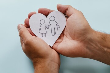 Obraz premium The paper heart held in caring hands symbolizing family love and parental protection