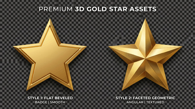 Two golden five pointed stars rendered in 3d with a transparent background showcasing different surface textures render