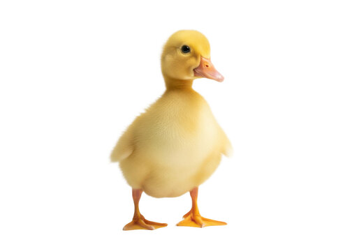 Cute fluffy yellow duckling standing isolated on transparent background