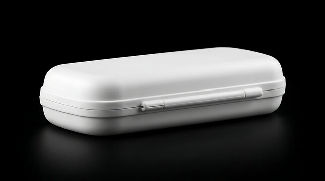 Isolated white plastic medical case for thermometer storage mockup with smooth rounded edges on a black background