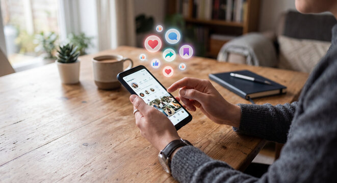 Female user browsing social media on a smartphone during leisure time, illustrating digital communication, remote work, work-from-home culture, and connected lifestyles.