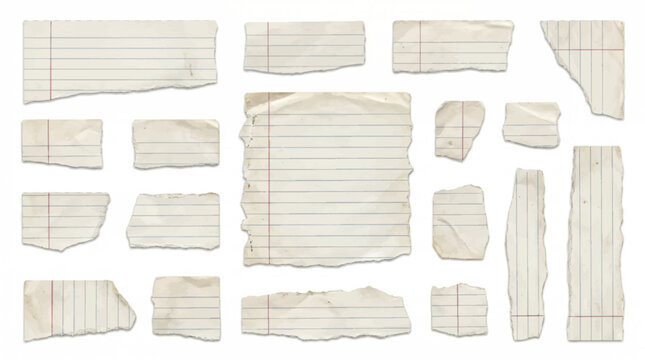 Torn notebook paper scraps with red lines on a white background a collection of fragmented stationery adhesive