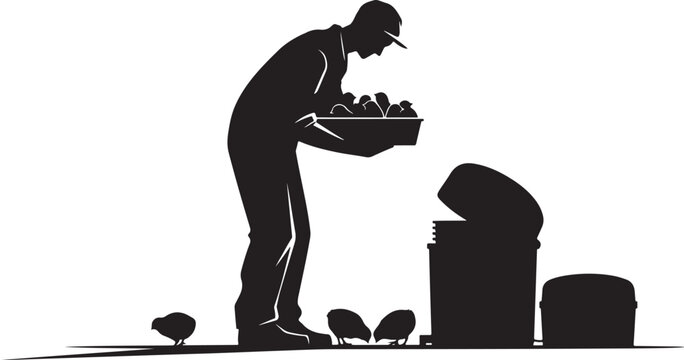 Man feeding chickens from tray next to trash cans silhouette