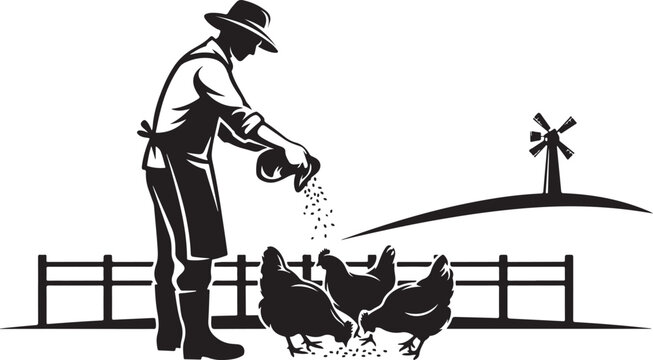 silhouette Man feeding chickens on farm with windmill farmer