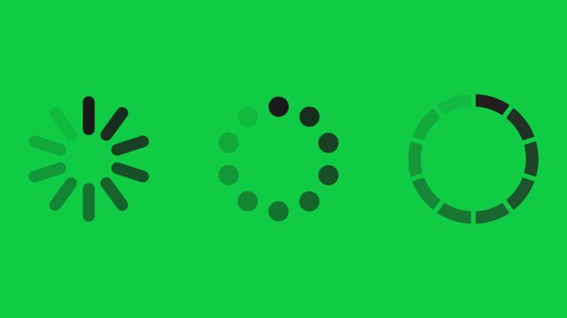 Green Screen Loading Icons Animation &ndash; Three Circular Buffering Spinners on Chroma Key Background