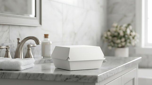 Blank white burger box mockup on marble bathroom vanity, fast food packaging design, product branding presentation