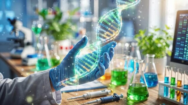 Gloved hand holding glowing DNA double helix in laboratory. Scientist researching genetic structure amid scientific equipment. Biotechnology and molecular biology concept for genomic innovation
