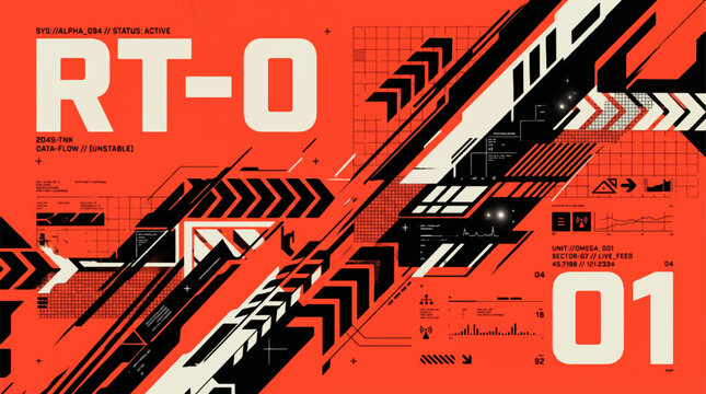 Geometric vector illustration with angled lines arrows and alphanumeric text on a red and black background abstract