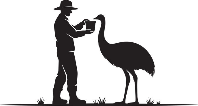 Man feeding large bird from bucket ostrich silhouette black