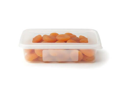 Nutritious dried apricots in a clear plastic food container with a blank label