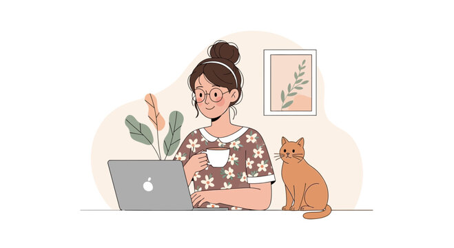Cozy Home Office Scene: Woman Working on Laptop with Cat and Coffee