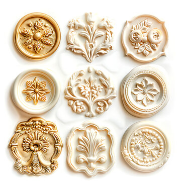 Ornate antique gold and cream resin decorative embellishments displayed
