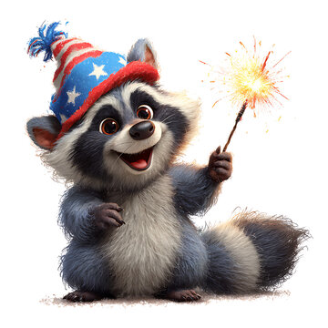 Raccoon wears a patriotic hat and happily holds a sparkling bright sparkler