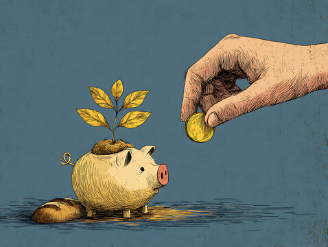 Planting seeds of financial growth, hand deposits coin into a piggy bank with a growing plant