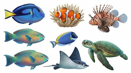 Fototapeta premium Colorful Tropical Fish Illustration Collection Isolated on White Background