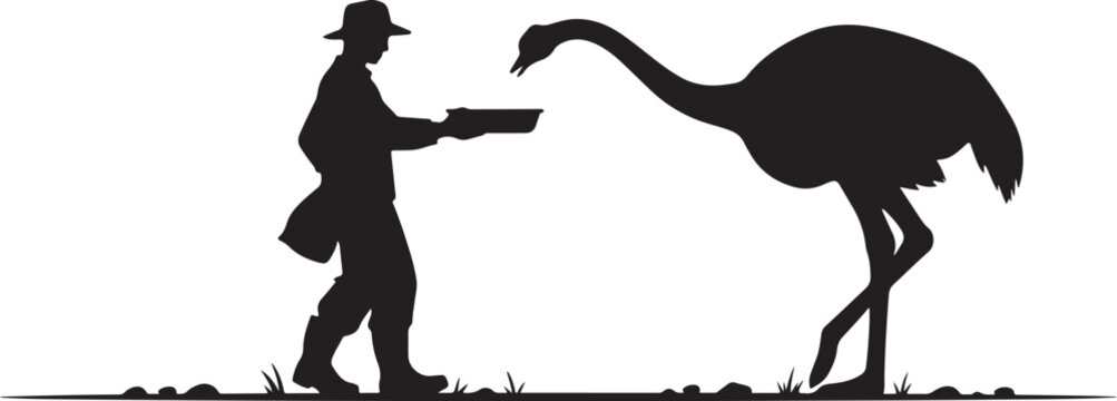 Man feeding ostrich silhouette black white